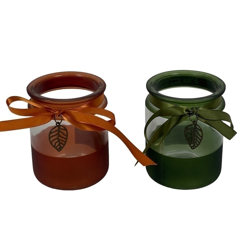 Glass Tealight Candle Holders Leaf Charm Set of 2 Fall Colors Orange Green NEW